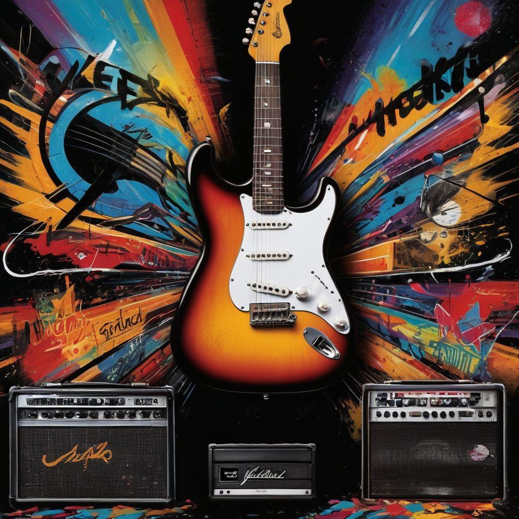 A dynamic collage capturing the essence of rock music, featuring iconic guitars, vintage microphones, and famous rock artist silhouettes. Include a backdrop of a lively concert crowd with vibrant lights and abstract sound waves. Enhance with elements of classic rock album covers and graffiti art to embody the rebellious spirit of the genre. surrealism. vibrant colors. dynamic composition.
