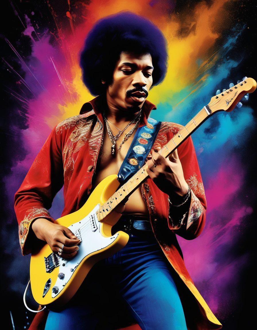 A vibrant collage featuring iconic rock musicians like Jimi Hendrix, Freddie Mercury, and Janis Joplin, passionately performing on stage with electric guitars and dynamic lighting. Surround them with retro concert posters and musical notes swirling around, symbolizing their legendary status and timeless contributions to music. The background should evoke a lively concert atmosphere, with splashes of color and energy. painting. vibrant colors. retro style.