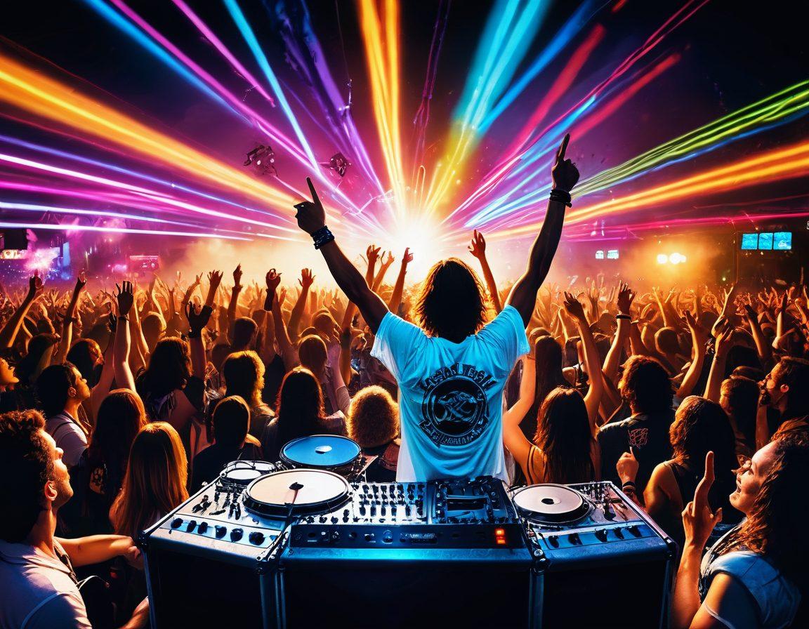 A vibrant collage depicting a lively rock music festival scene with enthusiastic fans, colorful stage lights, and energetic band members performing. Include elements of classic rock culture like electric guitars, drum kits, and vintage band posters in the background. The ambiance should feel electric and immersive, capturing the heart of the rock music community. Use bold, vivid colors to express energy and excitement. super-realistic. vibrant colors. dynamic composition.